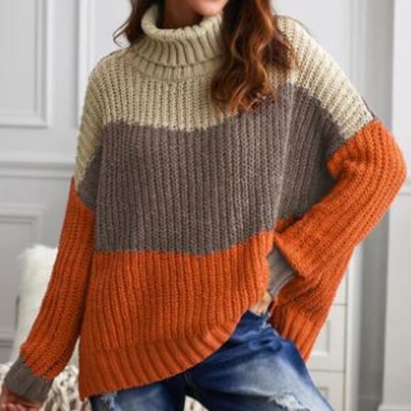 Back Home Boutique Sweaters - Orange Tan Brown Cowl Neck Colorblock Long-sleeve Cable Knit Sweater